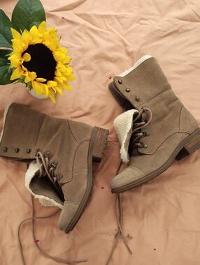 Taupe Faux-Shearling Lace-Up Ankle Boots